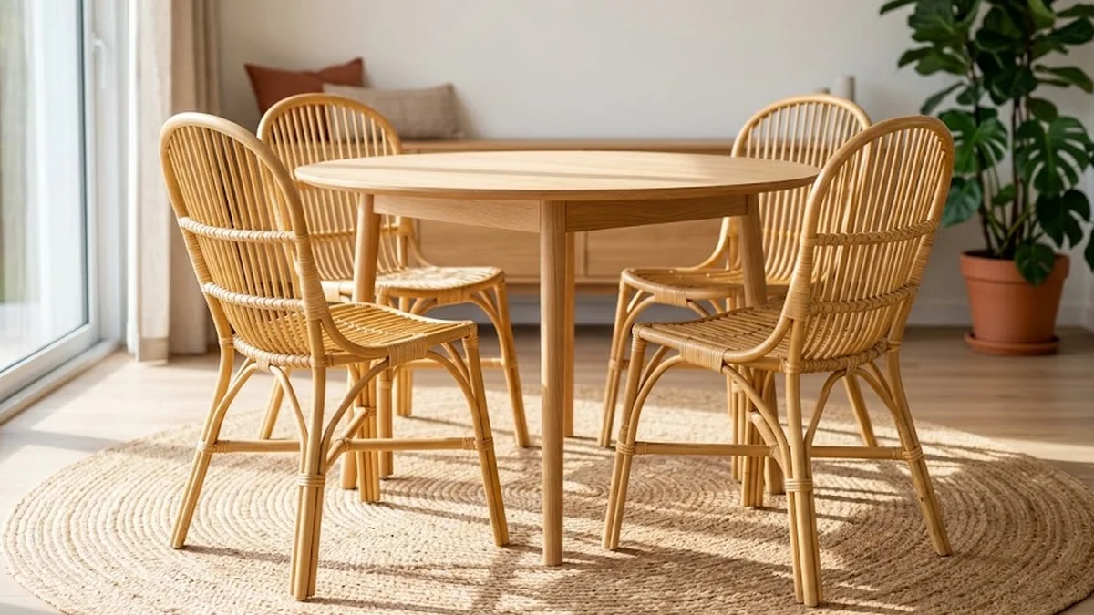 Chaises en rotin blond disposées autour d'une table en bois sur un tapis en jute