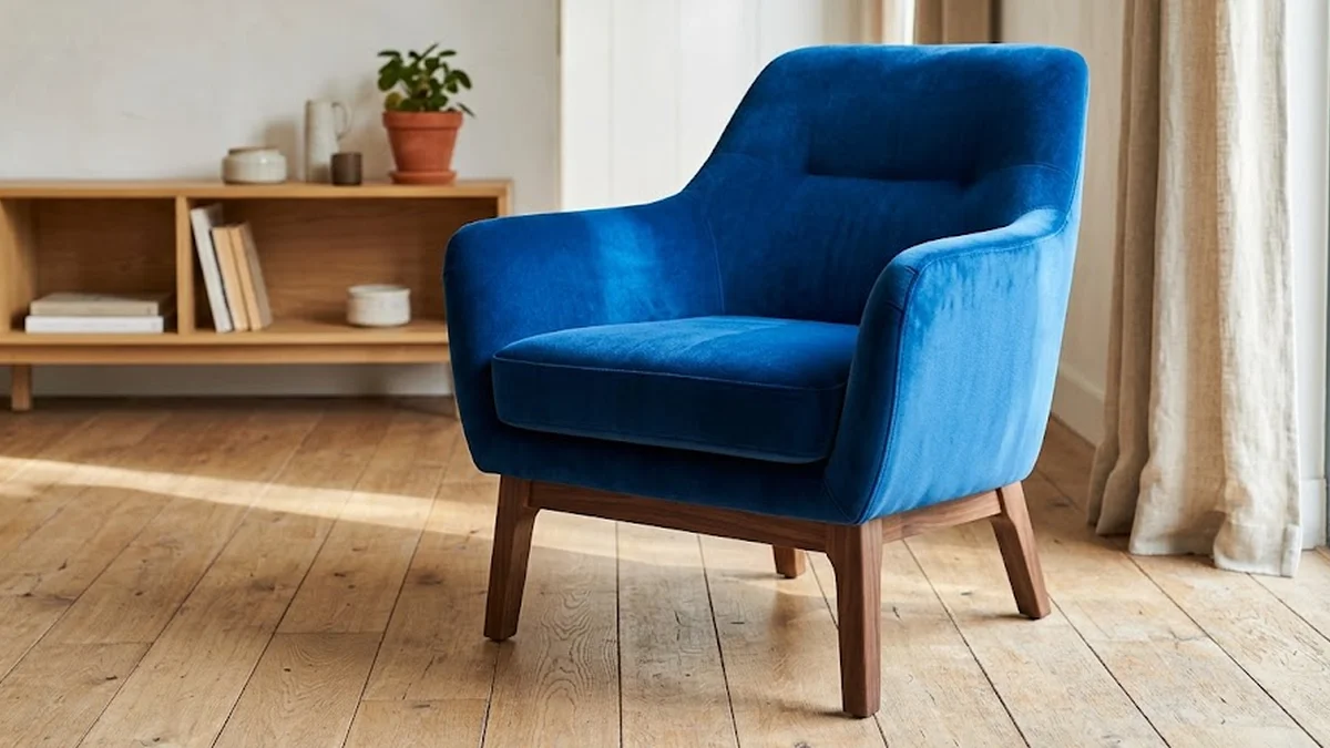 Fauteuil en velours ras bleu électrique au piètement en noyer posé sur un parquet en chêne clair, devant un arrière-plan flou.