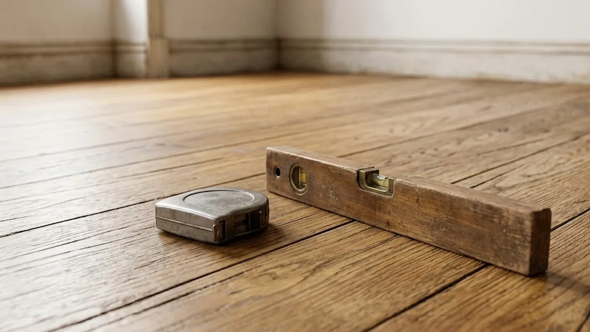 Mètre ruban métallique fermé et niveau en bois posés sur un parquet en chêne clair, devant un mur beige estompé.