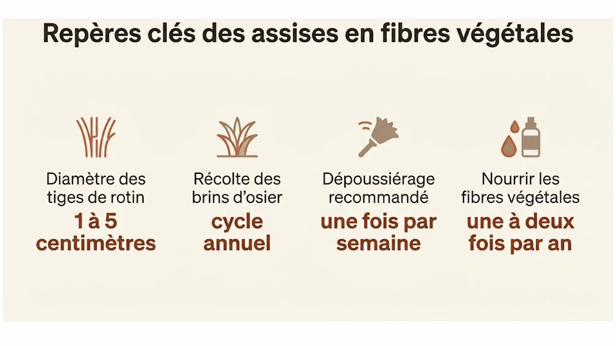 Repères clés des assises en fibres végétales : Diamètre des tiges de rotin, 1 à 5 centimètres ; Récolte des brins d'osier, cycle annuel ; Dépoussiérage recommandé, une fois par semaine ; Nourrir les fibres végétales, une à deux fois par an