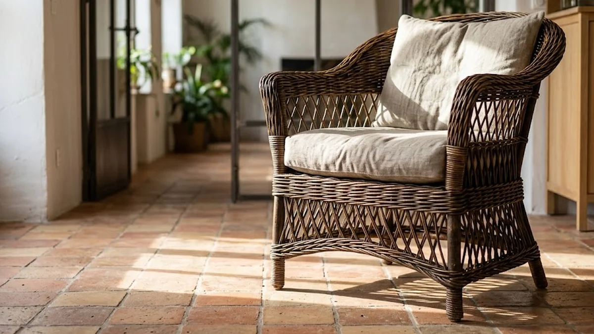 Fauteuil en osier tressé posé sur un sol en tomettes dans une véranda baignée de soleil
