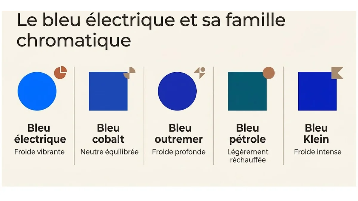 Le bleu électrique et sa famille chromatique : Bleu électrique, Froide vibrante ; Bleu cobalt, Neutre équilibrée ; Bleu outremer, Froide profonde ; Bleu pétrole, Légèrement réchauffée ; Bleu Klein, Froide intense