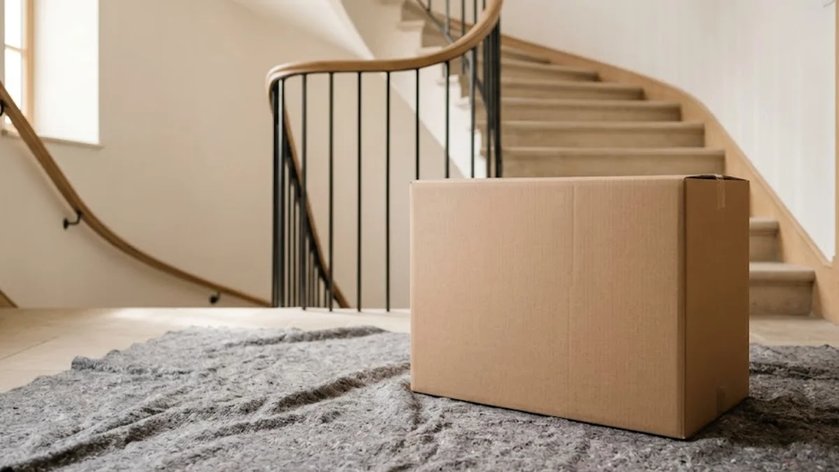 Grand colis en carton neutre déposé sur une bâche de protection grise au palier d'un escalier en pierre avec rampe en fer forgé.