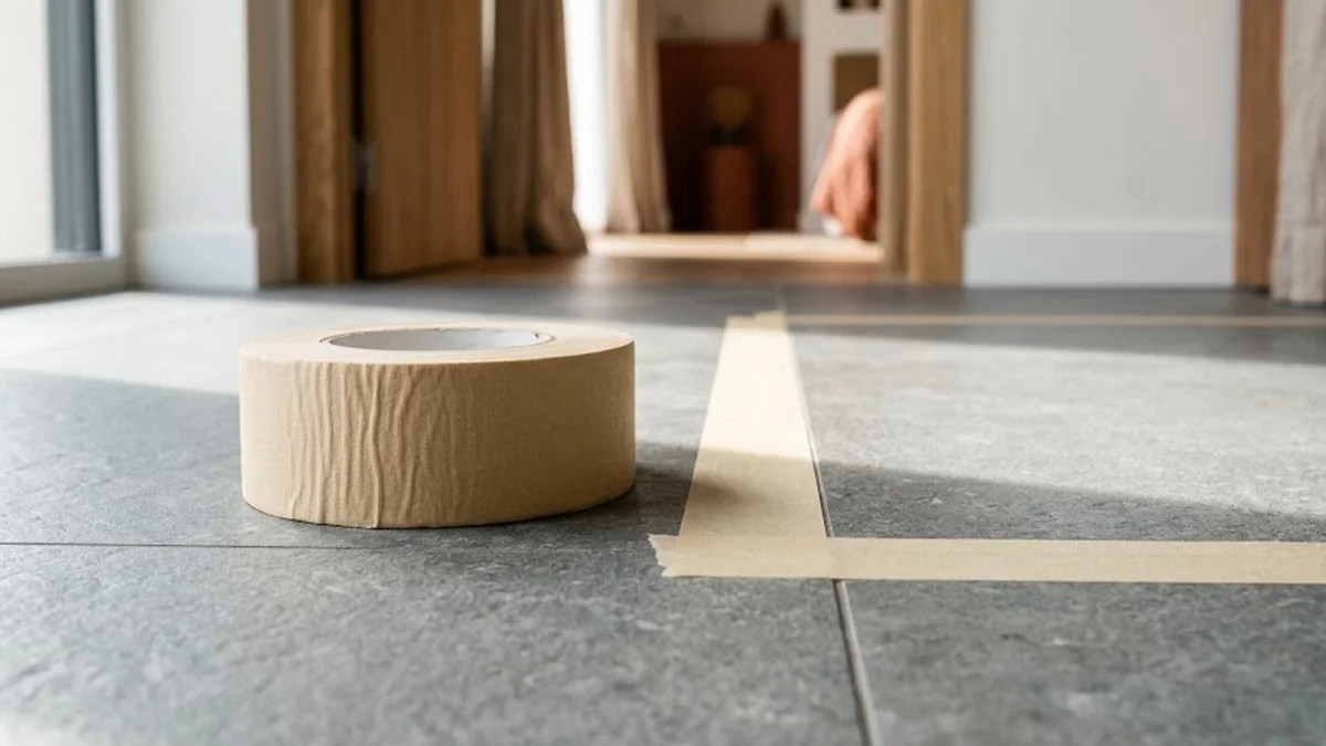 Rouleau de ruban adhésif beige et repère d'angle tracé au sol sur un carrelage gris, avec une porte floue en retrait.