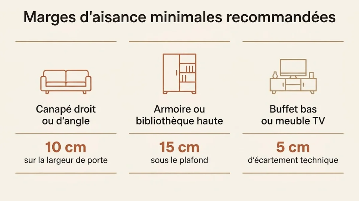 Marges d'aisance minimales recommandées : Canapé droit ou d'angle, 10 cm sur la largeur de porte ; Armoire ou bibliothèque haute, 15 cm sous le plafond ; Buffet bas ou meuble TV, 5 cm d'écartement technique