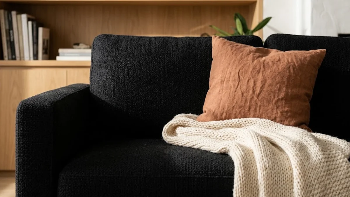 Détail d'un coussin terracotta et d'un plaid écru disposés sur l'accoudoir d'un fauteuil en tissu noir