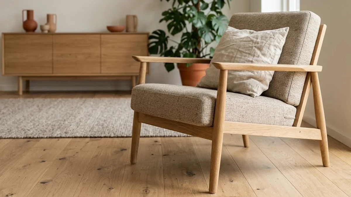 Fauteuil scandinave en chêne et tissu beige clair avec coussin en lin sur un parquet en bois massif, dans un salon lumineux à l'arrière-plan flou.