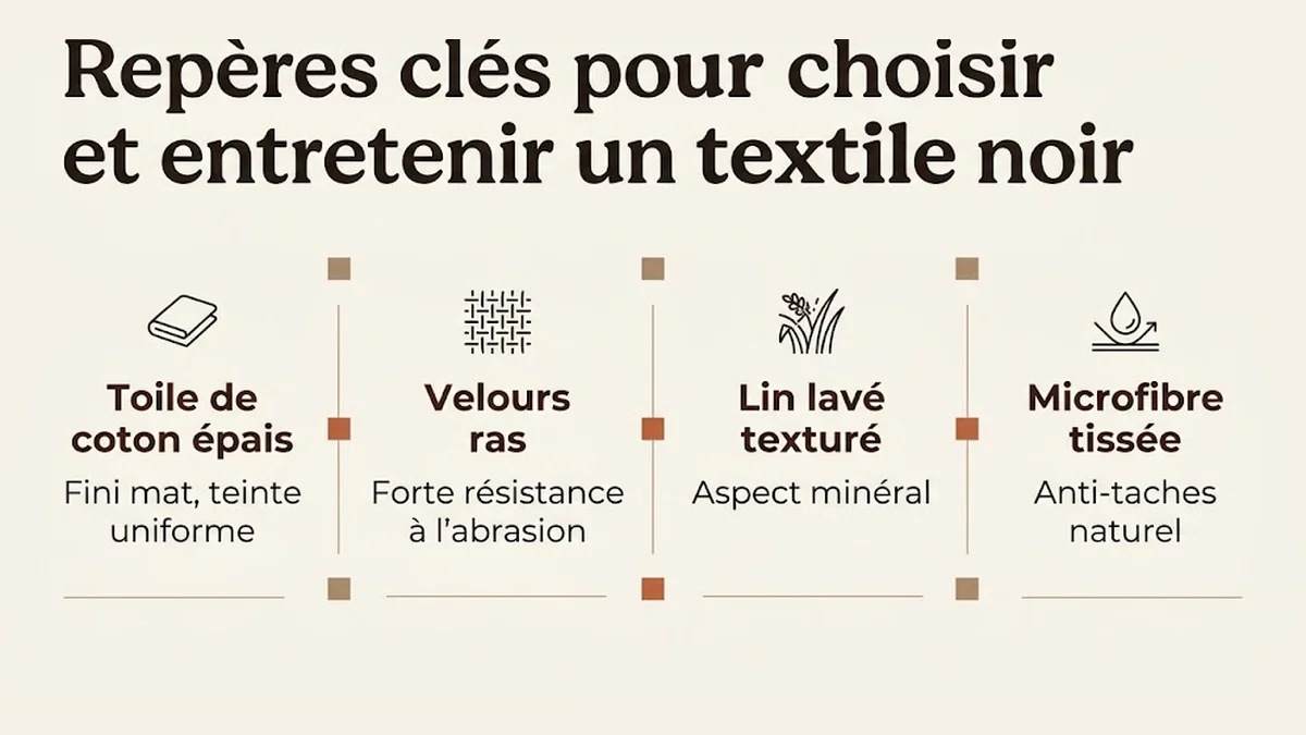 Repères clés pour choisir et entretenir un textile noir : Toile de coton épais, Fini mat, teinte uniforme ; Velours ras, Forte résistance à l'abrasion ; Lin lavé texturé, Aspect minéral ; Microfibre tissée, Anti-taches naturel