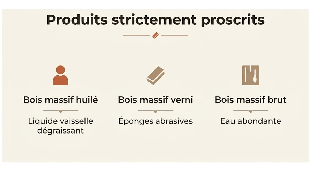 Produits strictement proscrits : Bois massif huilé, Liquide vaisselle dégraissant ; Bois massif verni, Éponges abrasives ; Bois massif brut, Eau abondante