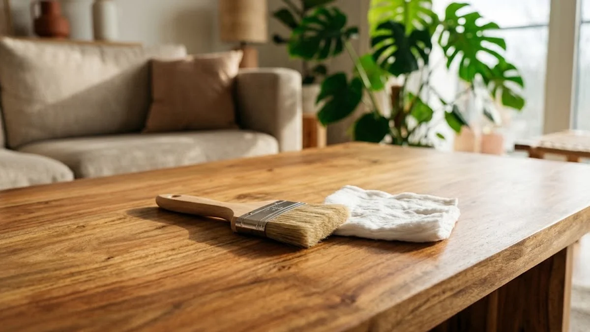 Pinceau spalter d'ébéniste et tampon de coton blanc déposés sur le plateau huilé d'une table basse en acacia massif aux teintes dorées.