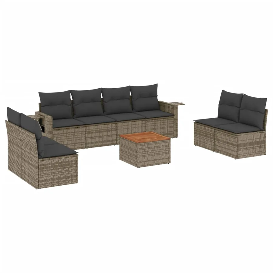 Salon de jardin 9 pcs avec coussins gris résine tressée - 2