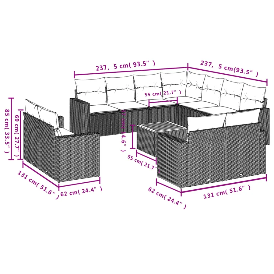 Salon de jardin avec coussins 12 pcs gris résine tressée - 3