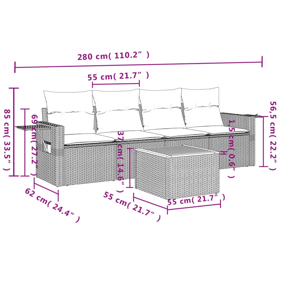 Salon de jardin 5 pcs avec coussins gris résine tressée - 8