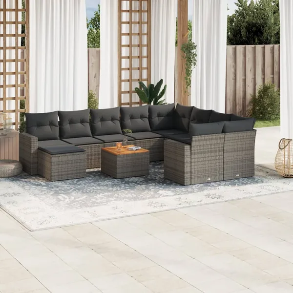 Salon de jardin 11 pcs avec coussins gris résine tressée