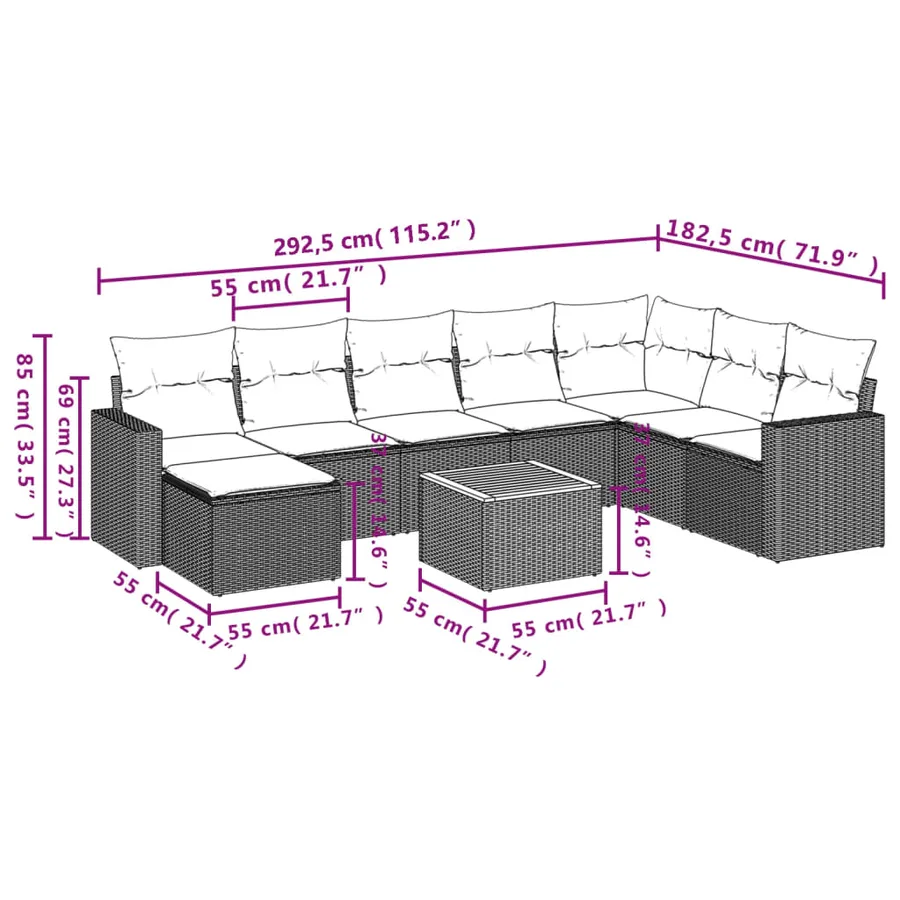 Salon de jardin 9 pcs avec coussins gris résine tressée - 3