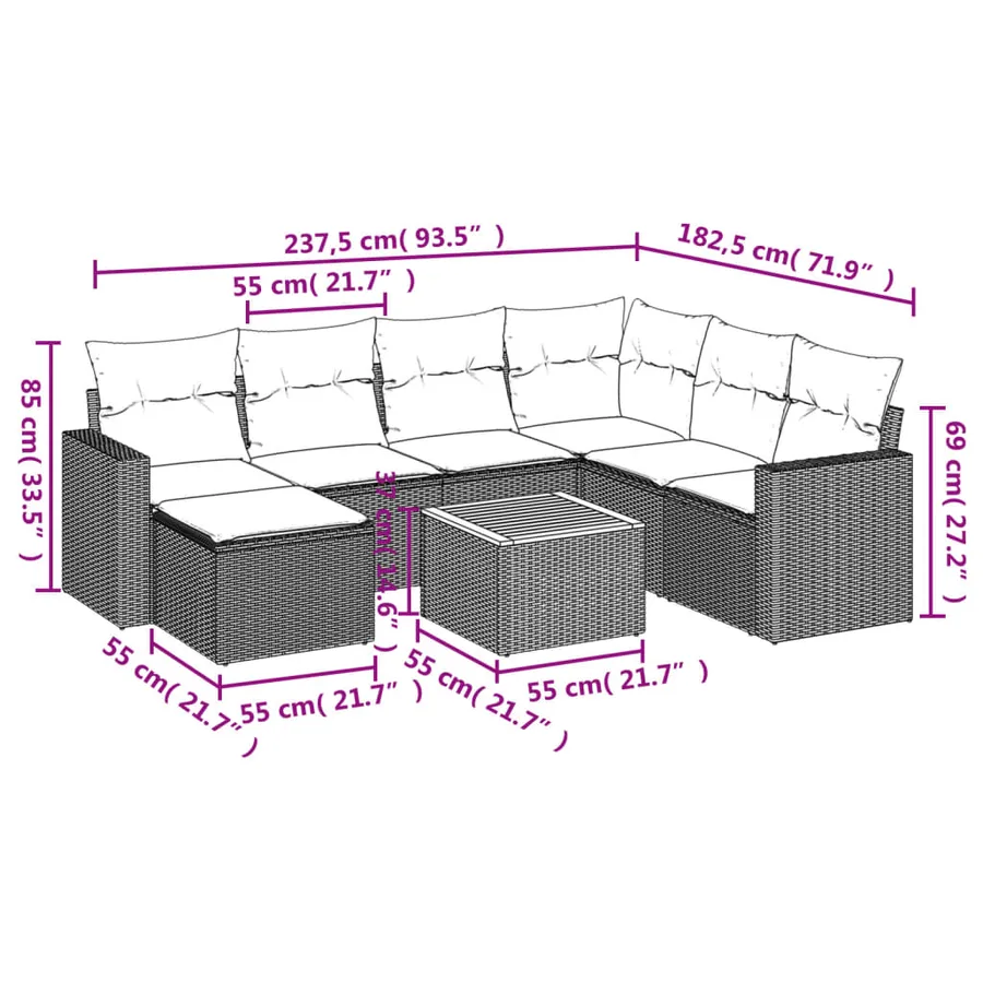 Salon de jardin 8 pcs avec coussins gris résine tressée - 3