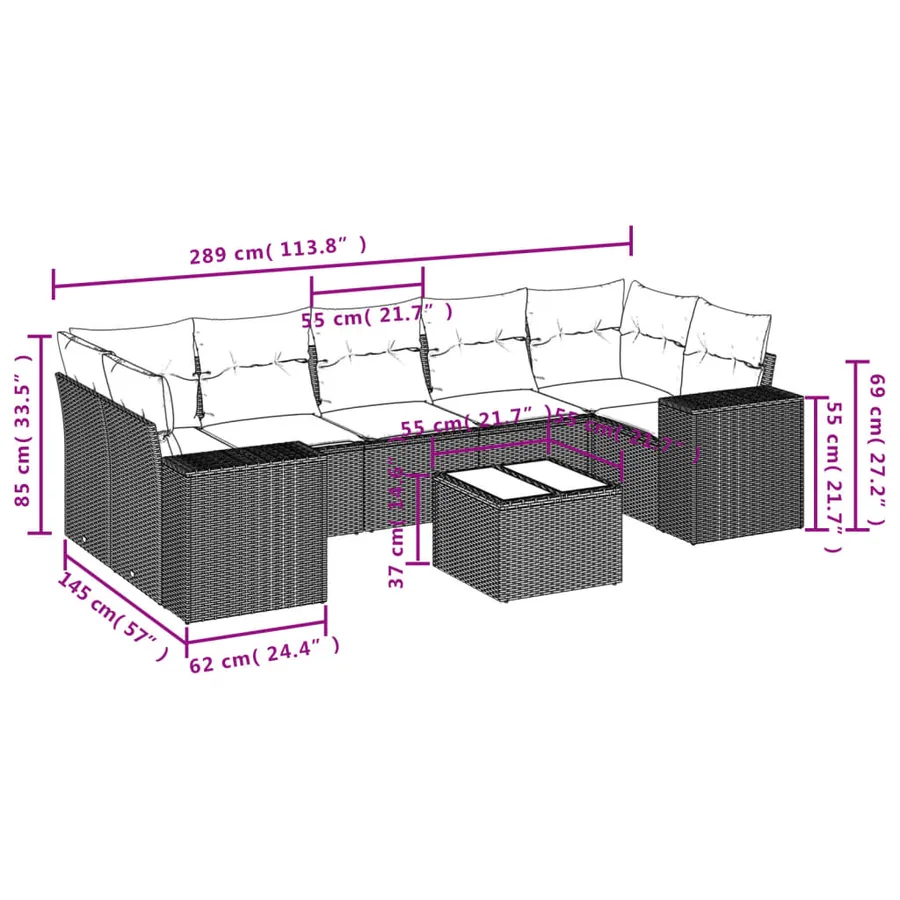 Salon de jardin 8 pcs avec coussins gris résine tressée - 8