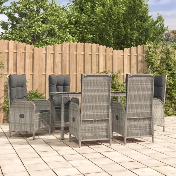 Ensemble à manger jardin et coussins 7 pcs gris rotin