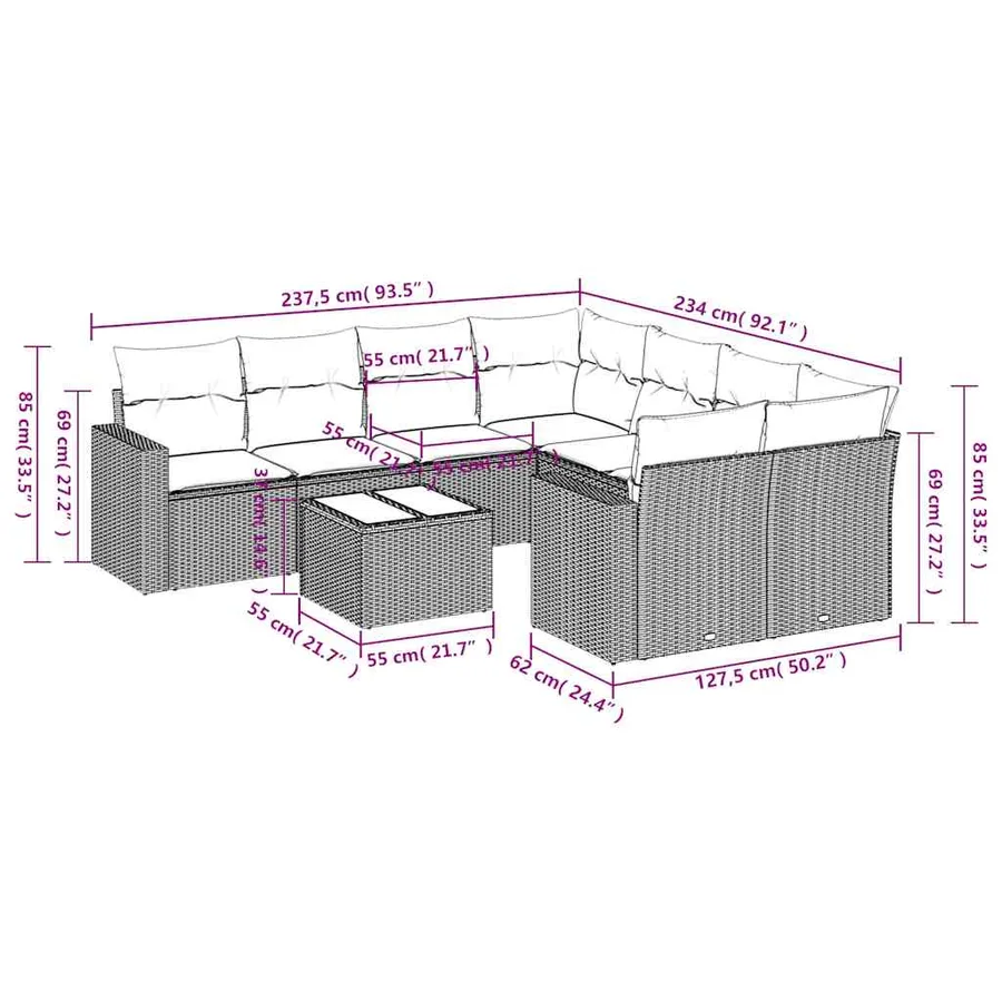 Salon de jardin avec coussins 9 pcs beige résine tressée - 3