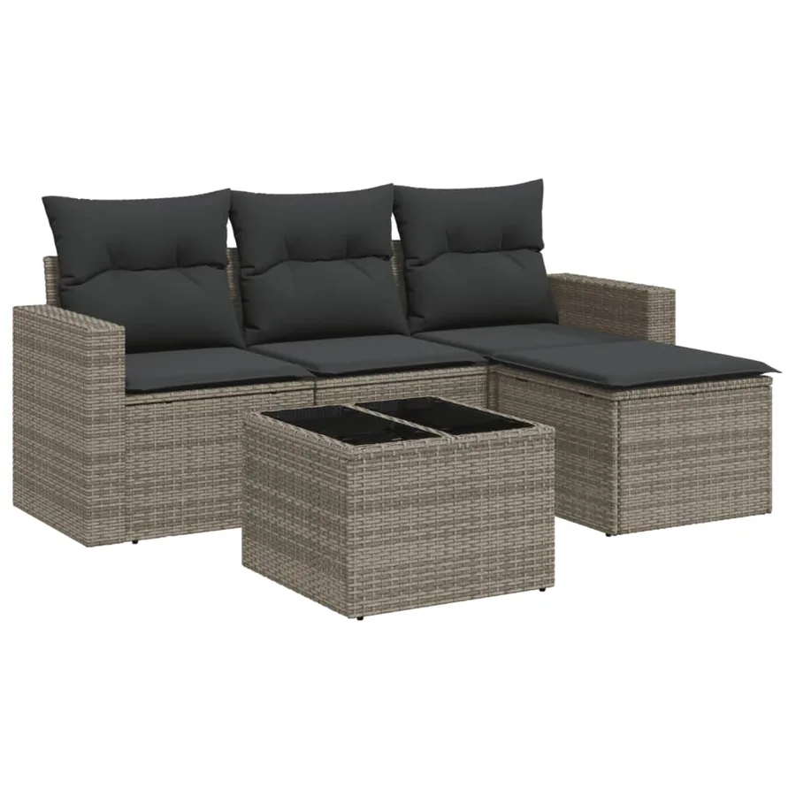 Salon de jardin 5 pcs avec coussins gris résine tressée - 2