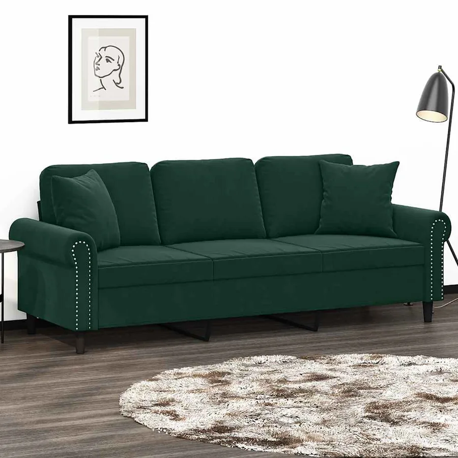 Canapé 3 places avec oreillers vert foncé 180 cm velours