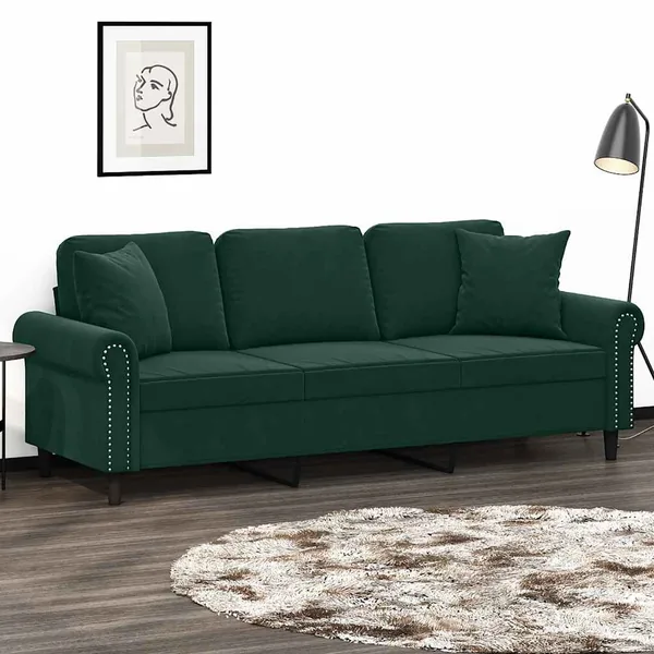 Canapé 3 places avec oreillers vert foncé 180 cm velours