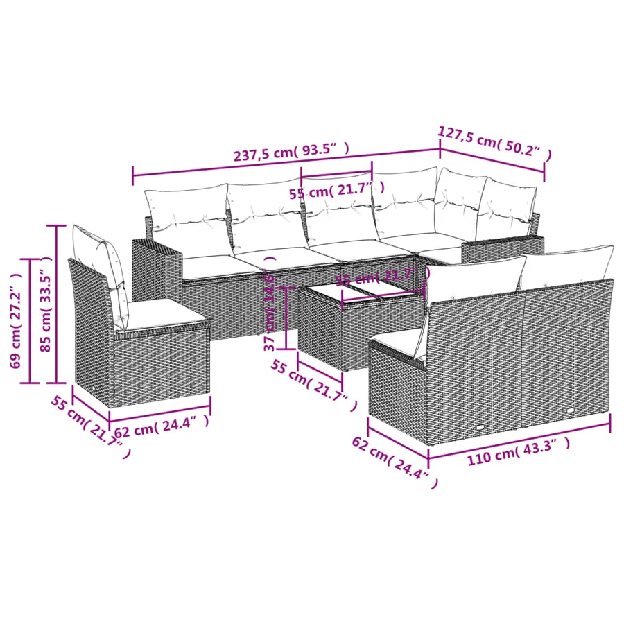 Salon de jardin avec coussins 9 pcs beige résine tressée - 3