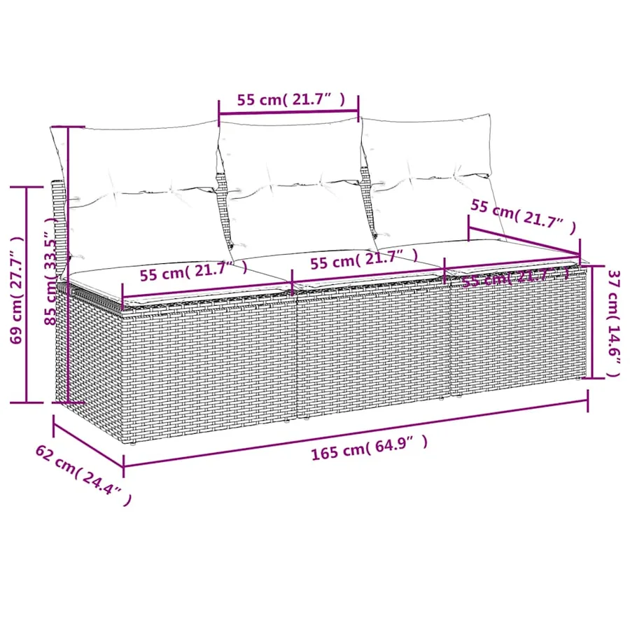 Canapé de jardin avec coussins 3 places beige résine tressée - 11