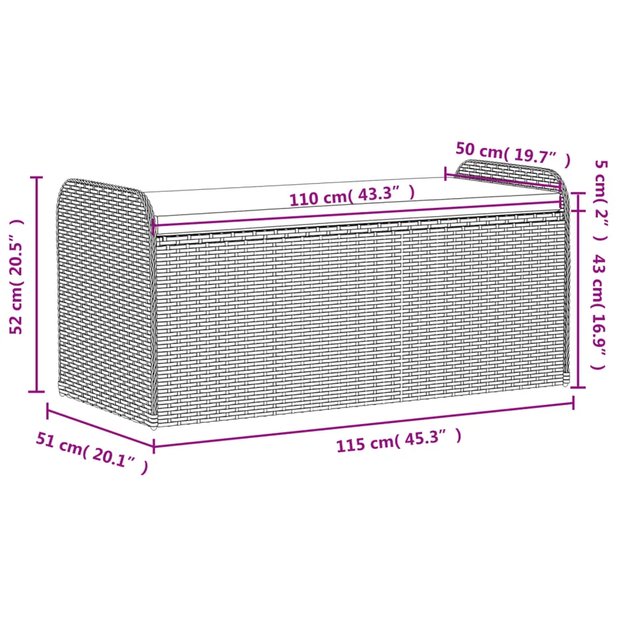 Banc de rangement avec coussin noir 115x51x52 cm résine tressée - 11