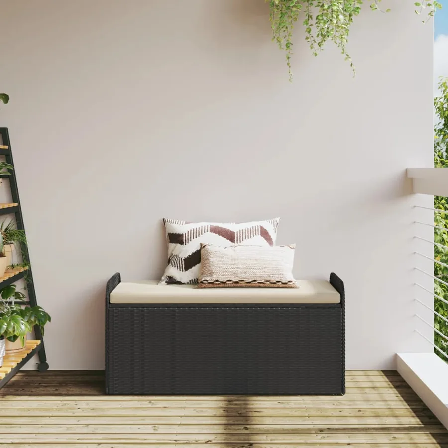 Banc de rangement avec coussin noir 115x51x52 cm résine tressée - 3