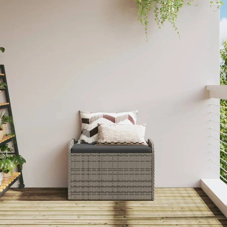 Banc de rangement avec coussin gris 80x51x52 cm résine tressée - 3