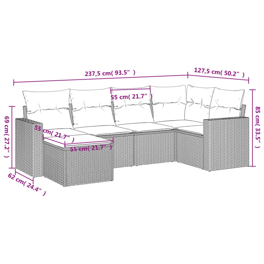 Salon de jardin 6 pcs avec coussins noir résine tressée - 3