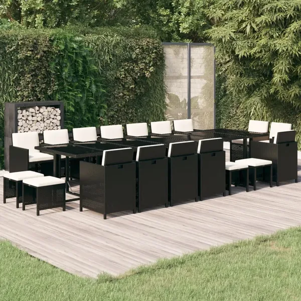 Ensemble à manger de jardin coussins 19 pcs Résine tressée Noir