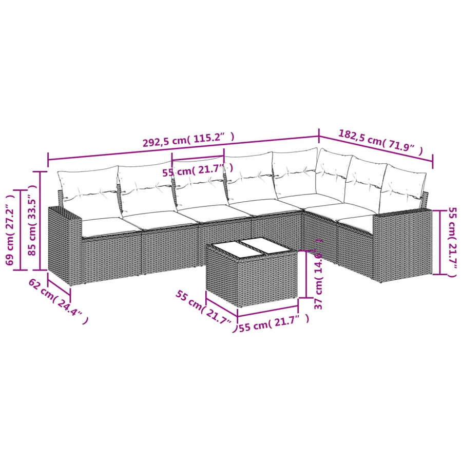Salon de jardin 8 pcs avec coussins noir résine tressée - 3