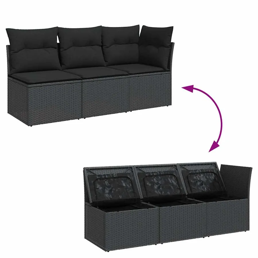 Canapé de jardin avec coussins 3 places en polyrotin noir - 7