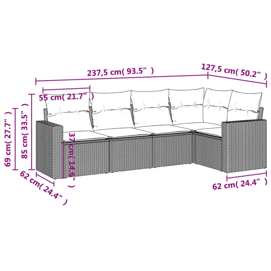 Salon de jardin 5 pcs avec coussins noir résine tressée - 3