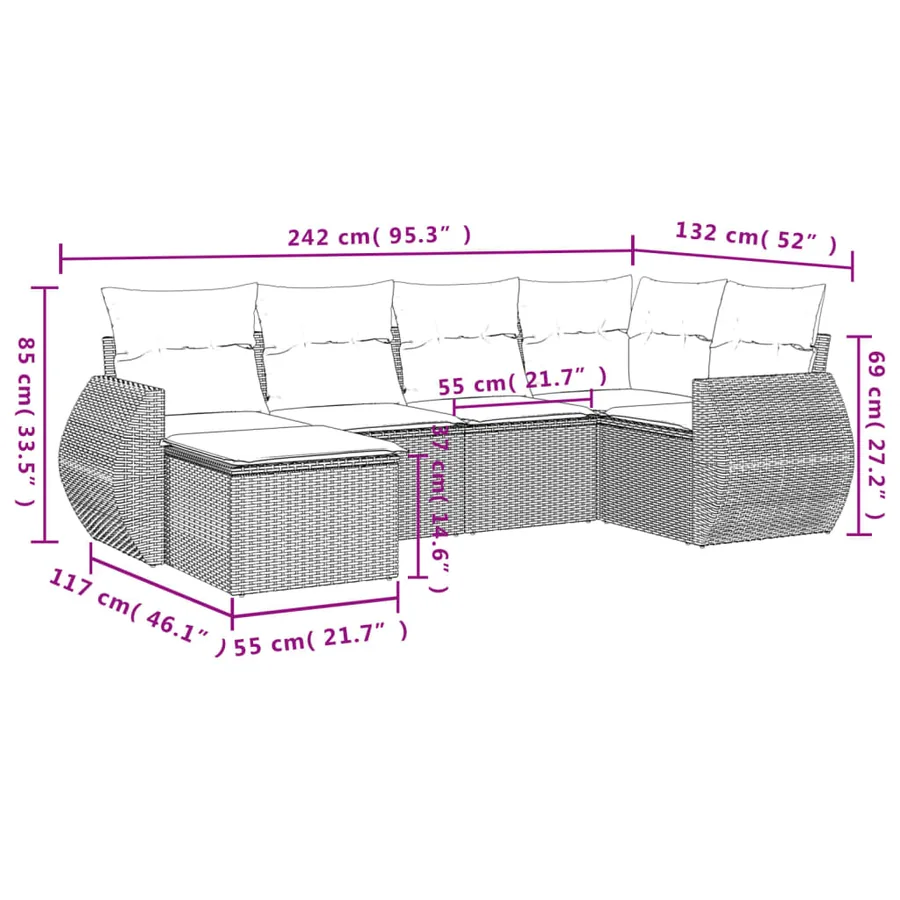 Salon de jardin 6 pcs avec coussins noir résine tressée - 8