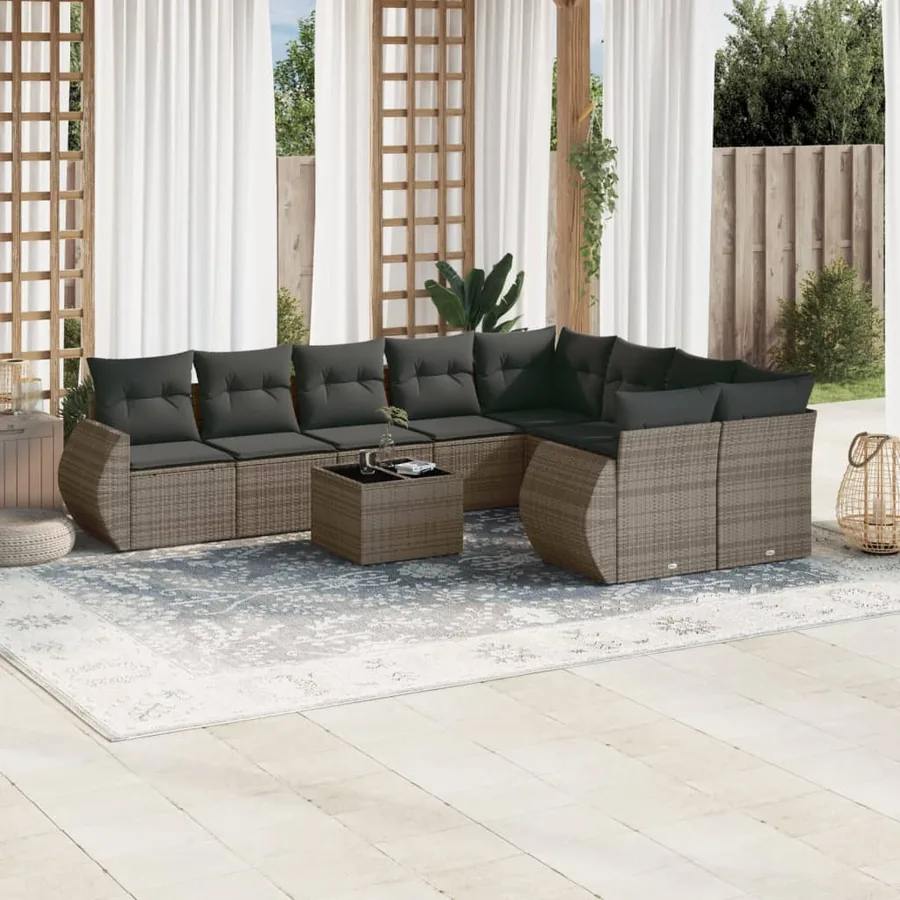 Salon de jardin avec coussins 10 pcs gris résine tressée