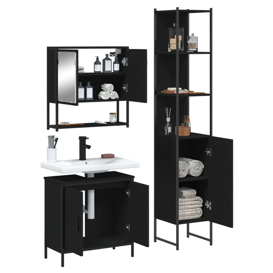 Ensemble de meubles salle de bain 3 pcs noir bois d'ingénierie - 4