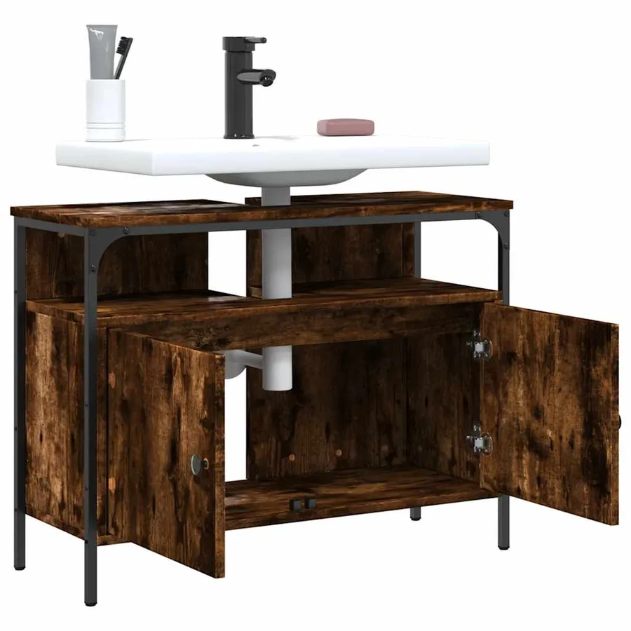 Armoire lavabo de salle de bain chêne fumé 80x30x60 cm - 9