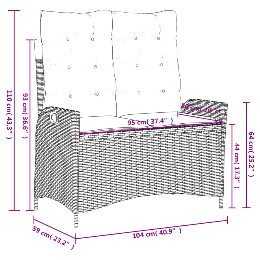Banc inclinable de jardin avec coussins beige résine tressée - 10