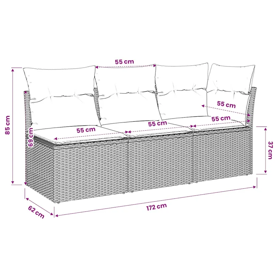 Canapé de jardin avec coussins 3 places beige résine tressée - 10