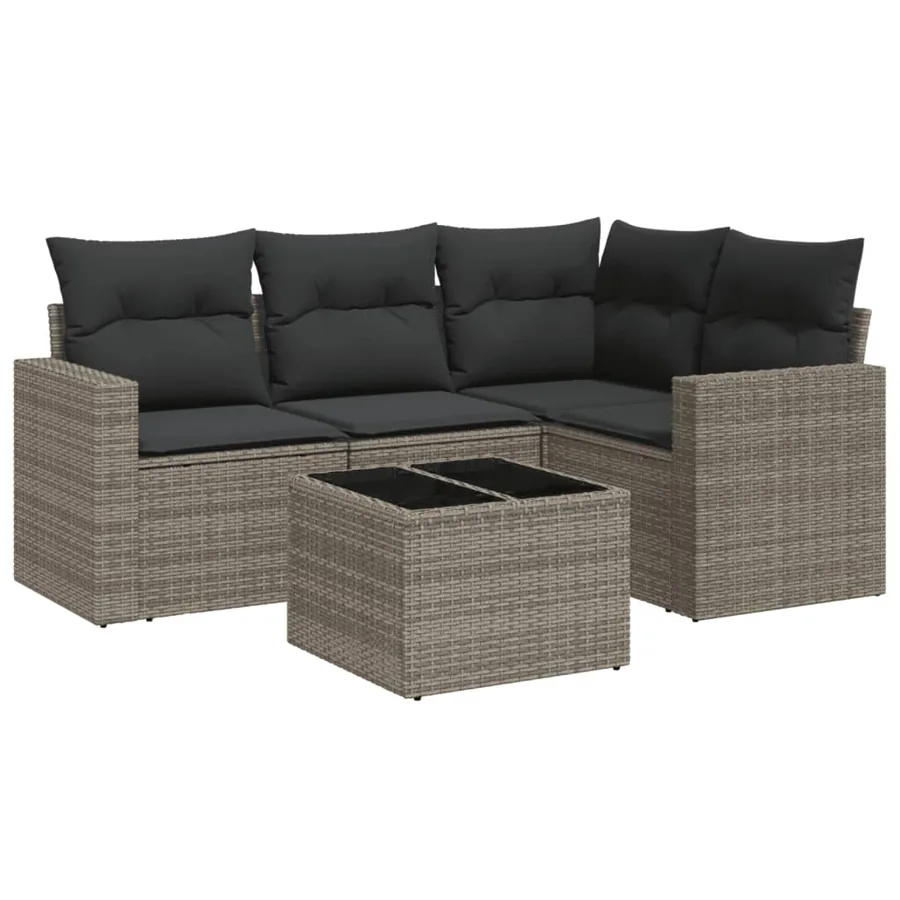 Salon de jardin 5 pcs avec coussins gris résine tressée - 2
