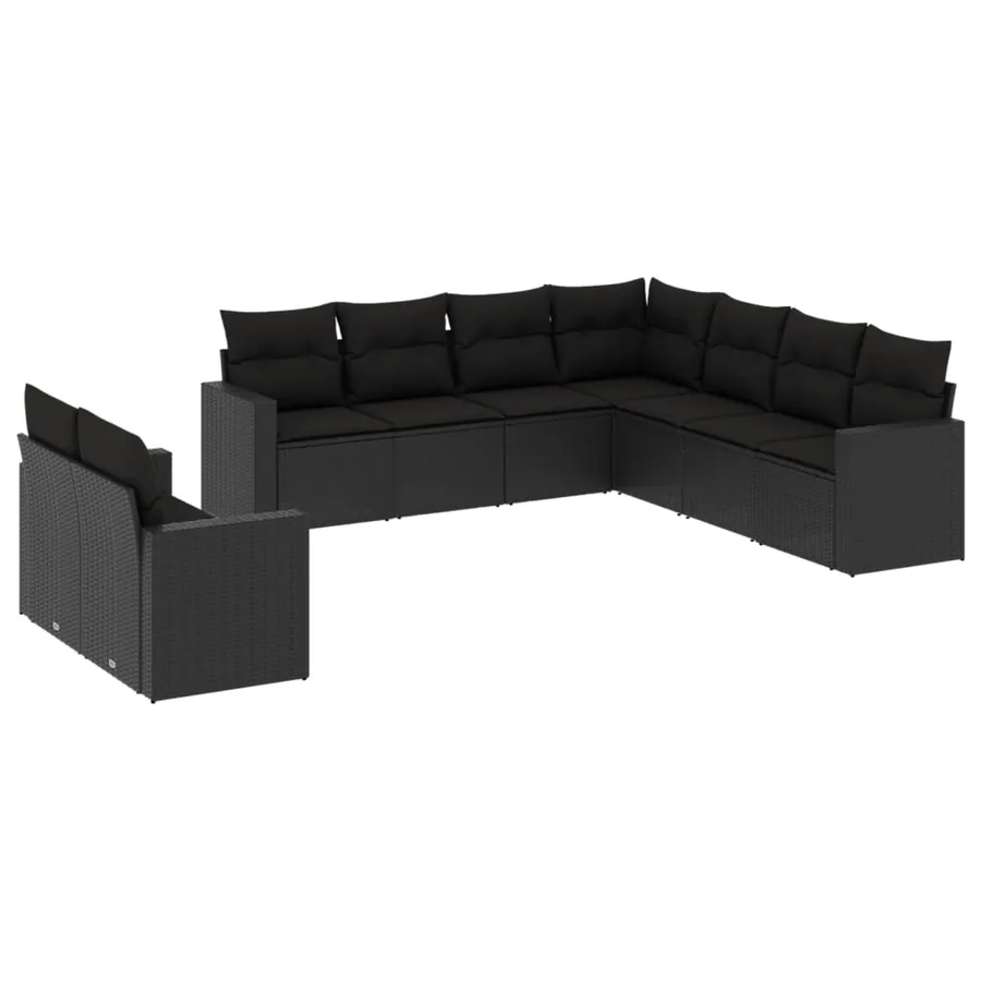 Salon de jardin 9 pcs avec coussins noir résine tressée - 2