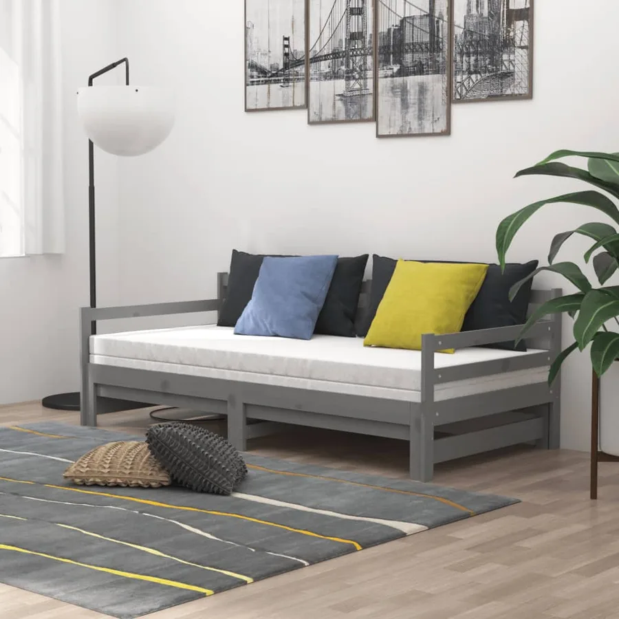Lit coulissant 2x(90x200) cm Gris Bois de pin massif - 3