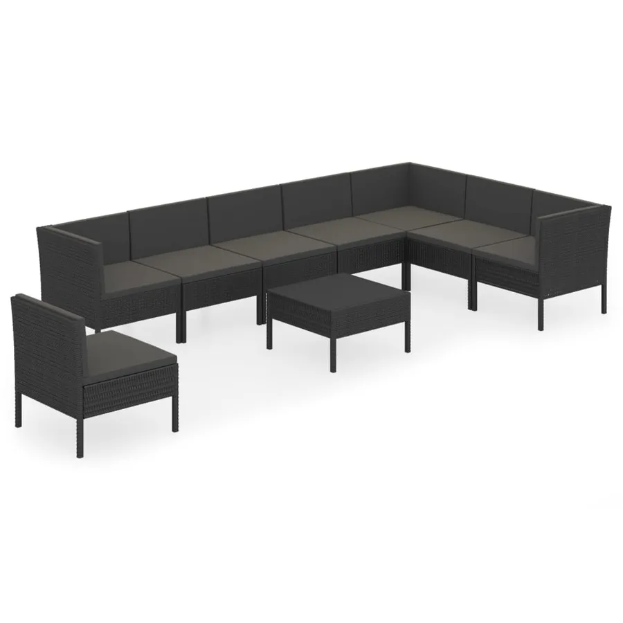 Salon de jardin 9 pcs avec coussins Résine tressée Noir - 2
