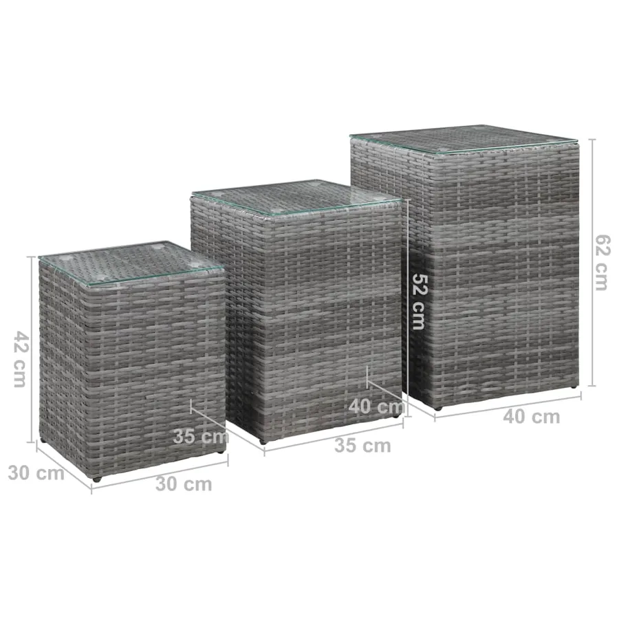 Tables d'appoint 3 pcs et dessus en verre Gris Résine tressée - 7