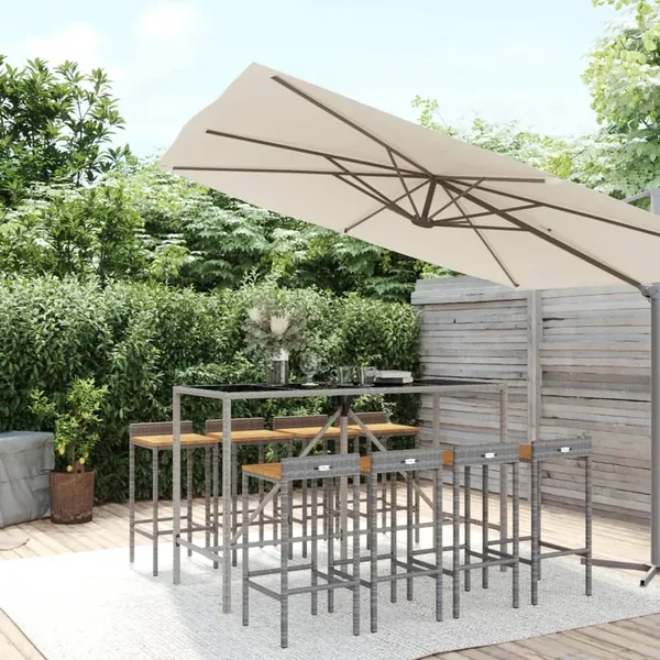 Ensemble de bar jardin 9 pcs gris poly rotin/bois massif acacia