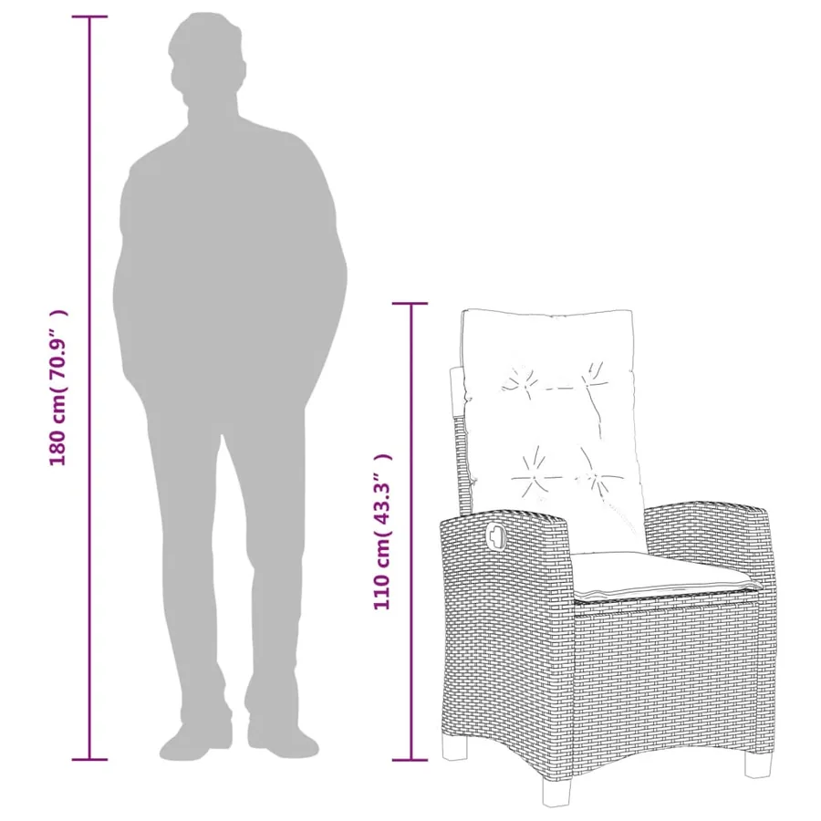 Chaise inclinable de jardin avec coussins noir résine tressée - 11