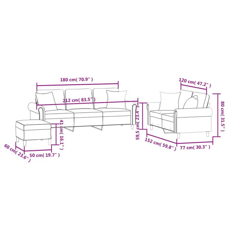 Ensemble de canapés 3 pcs avec coussins gris clair velours - 10